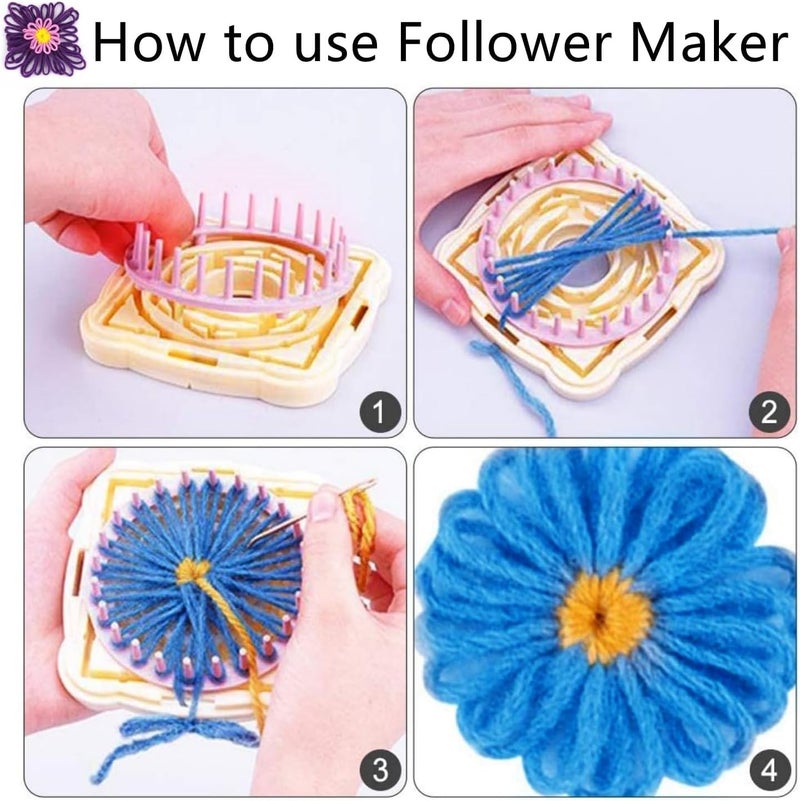 Ayasee Weaving Loom Kit, Flower Knitting Loom Kit, Frame Looms, Knitting Wool, Round/Square Knitting Looms Craft Kit Multi Color (Flower Maker + Pom Maker + Yarn) - Image 4